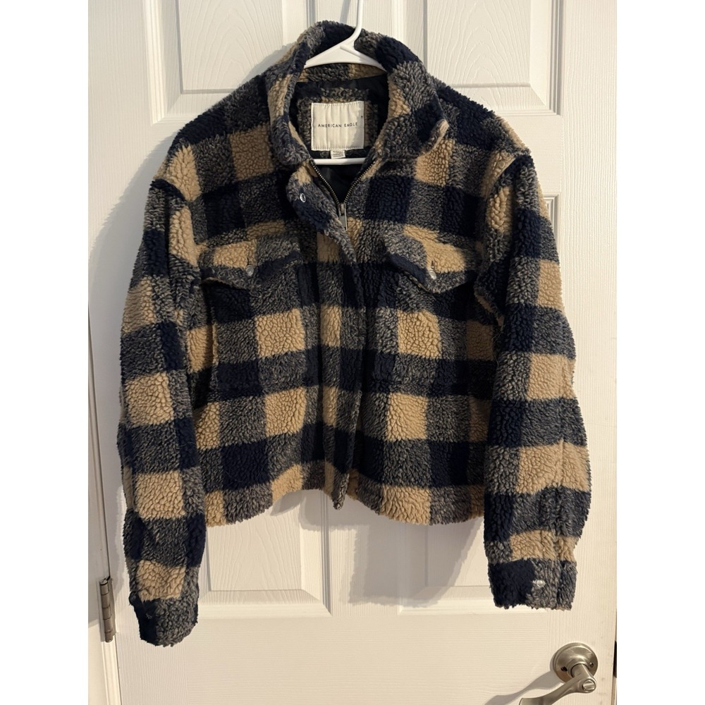 American Eagle Womens Buffalo Plaid Sherpa Jacket, Blue/Tan Size XS